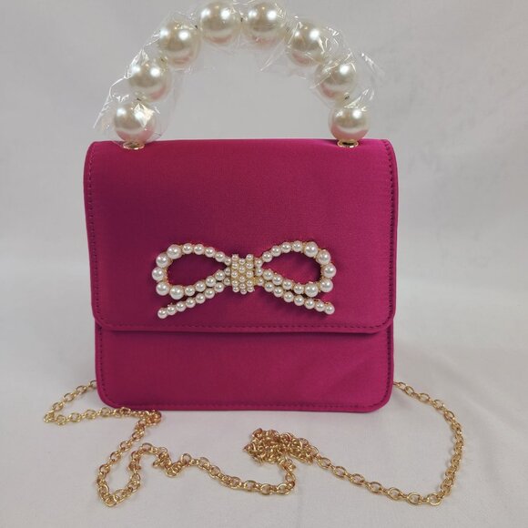 NWT Shiraleah Magenta Maude Mini Top Handle Bag With Pearl Bow & Chain Strap - Picture 4 of 9